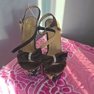 Avon Brown Heels with Bow and Rhinestone Detail